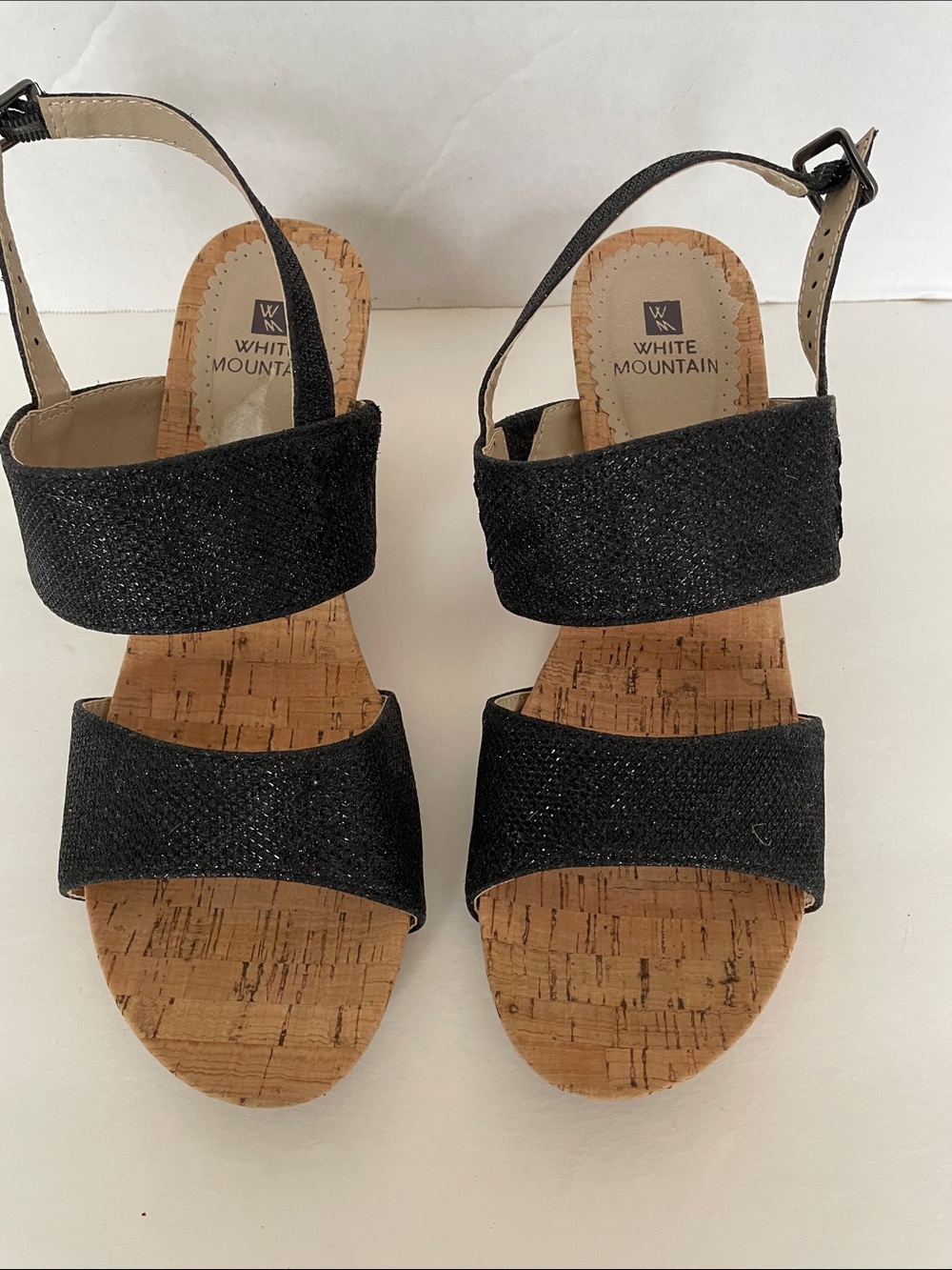 White Mountain Black Cork Wedge Sandals with Ankle Strap